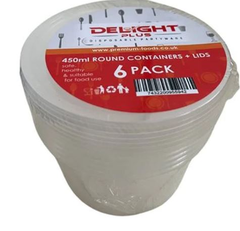DELIGHT 450ML ROUND CONT + LIDS 6PK