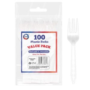 100PK WHITE PLASTIC FORK REUSABLE