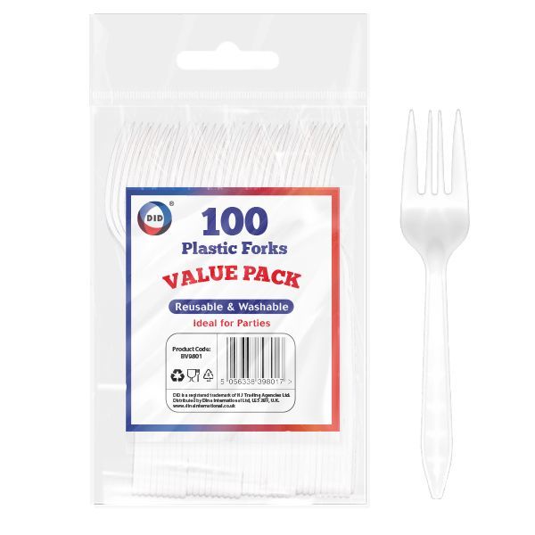 100PK WHITE PLASTIC FORK REUSABLE