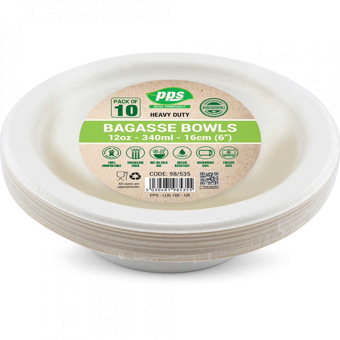 WHITE BAGASSE BOWL 10PK 120Z